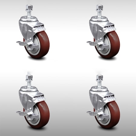 Service Caster 4 Inch SS Maroon Polyurethane Wheel Swivel 1/2 Inch Threaded Stem Caster Set Brake SCC-SSTS20S414-PPUB-MRN-TLB-121315-4